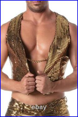 TOF Paris Men's Disco Glitter Sequin Gold/Silver Waistcoat Vest