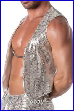 TOF Paris Men's Disco Glitter Sequin Gold/Silver Waistcoat Vest