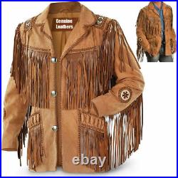 Traditional Cowboy Western Men's Leather Jacket coat With Fringe Bone and Beads