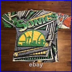 VTG Seattle Sonics T Shirt NBA Magic Johnson T's All Over Print 90s Large