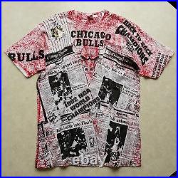 Vintage CHICAGO BULLS T SHIRT L All-Over Print 1992 NBA FINALS Jordan/Tribune 90