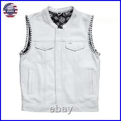 White Leather Men's Motorcycle Concealed Biker Vest With Black Paisley Lining