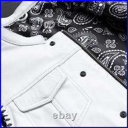 White Leather Men's Motorcycle Concealed Biker Vest With Black Paisley Lining