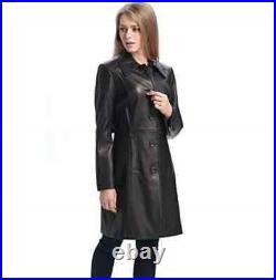 Women Genuine Sheepskin Trench Coat 100% Soft Black Real Leather Overcoat Jacket