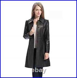 Women Genuine Sheepskin Trench Coat 100% Soft Black Real Leather Overcoat Jacket