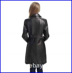 Women Genuine Sheepskin Trench Coat 100% Soft Black Real Leather Overcoat Jacket