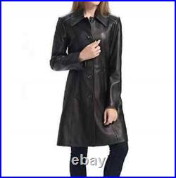 Women Genuine Sheepskin Trench Coat 100% Soft Black Real Leather Overcoat Jacket