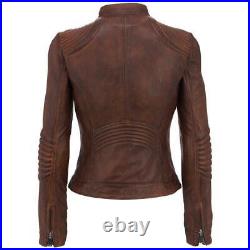 Women's New Cafe Racer Moto Biker Distressed Brown Vintage Leather Jacket